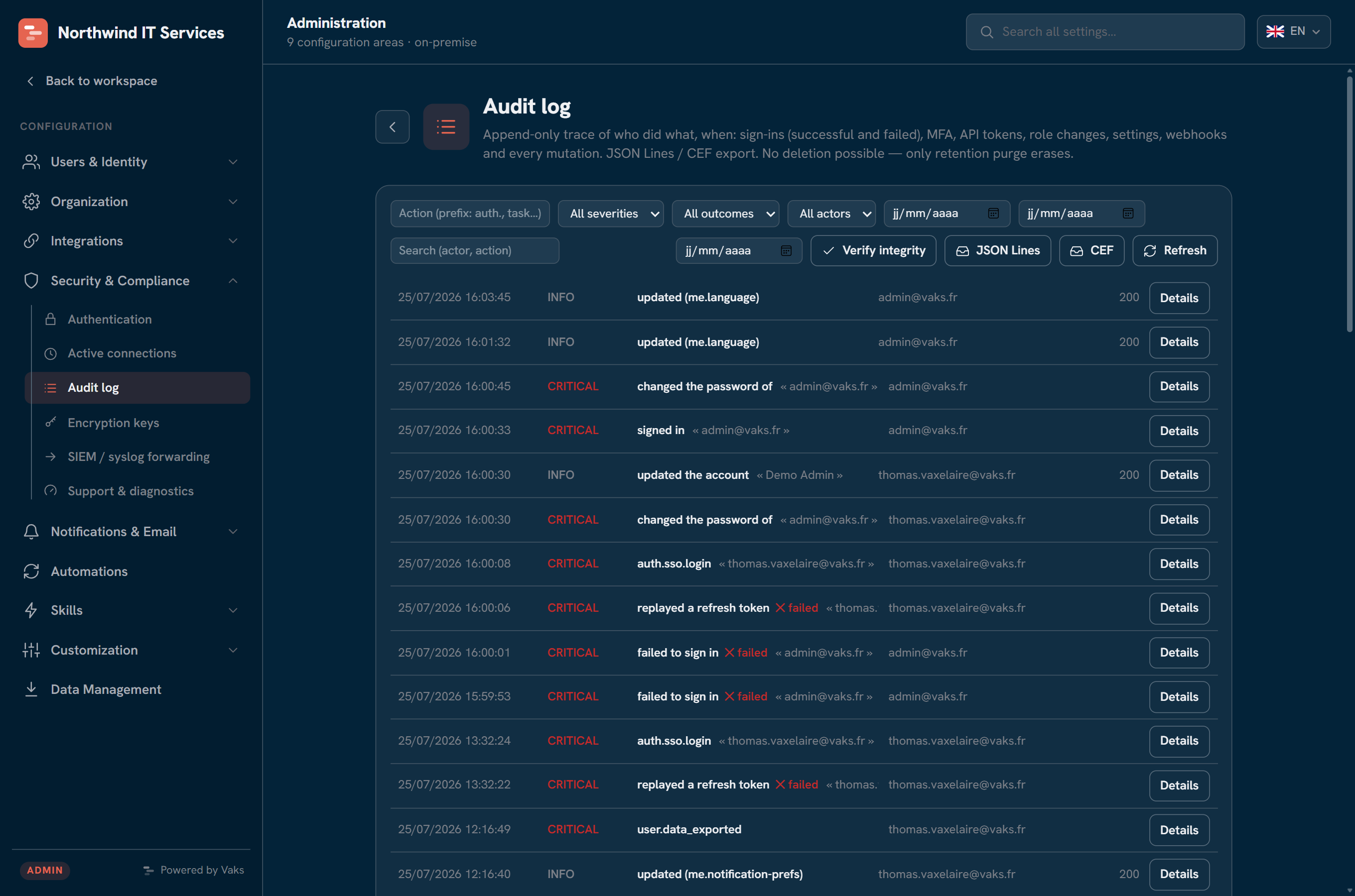 Admin: audit log with filters, entries and exports