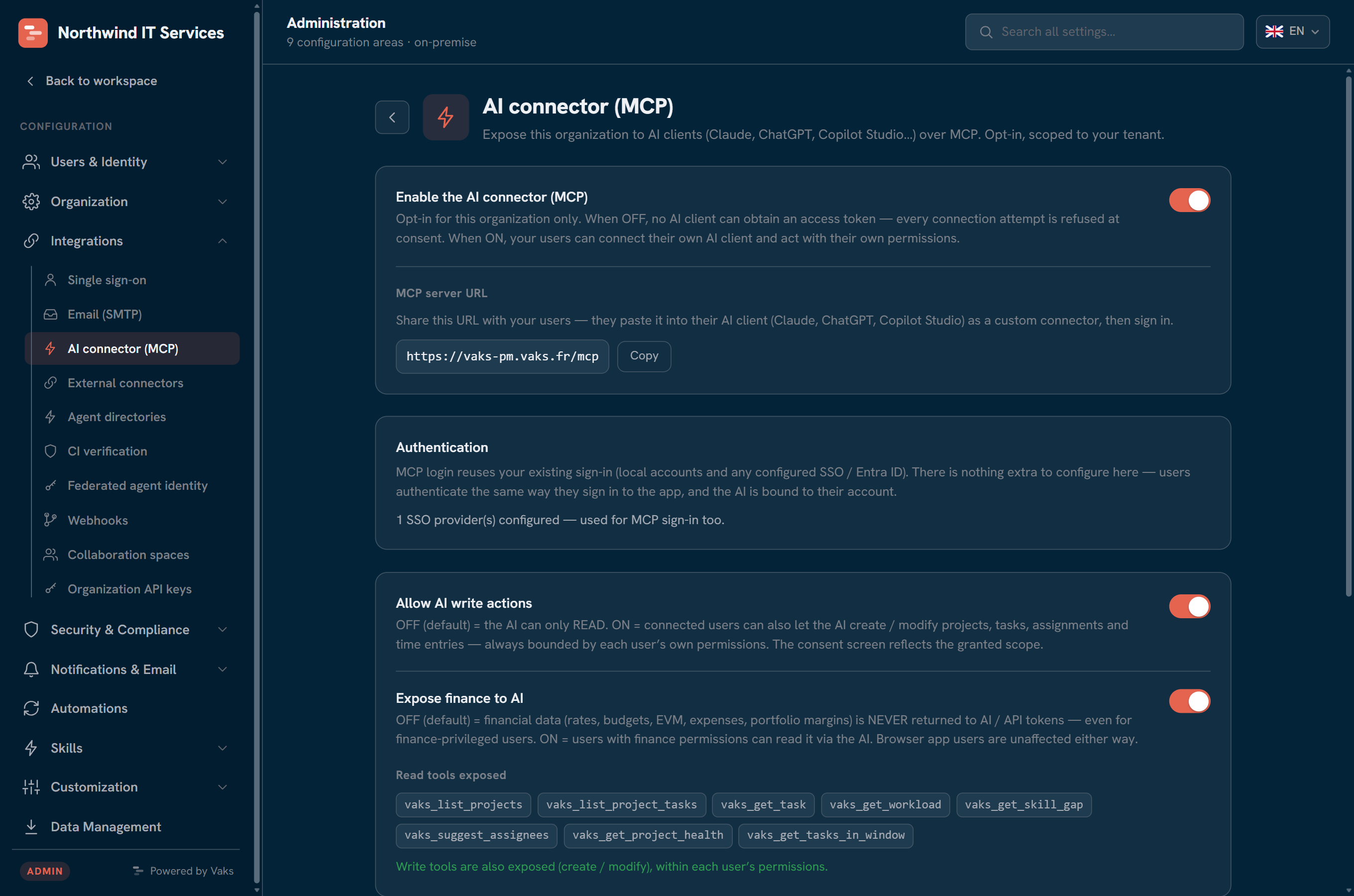 Admin: AI connector (MCP) configuration