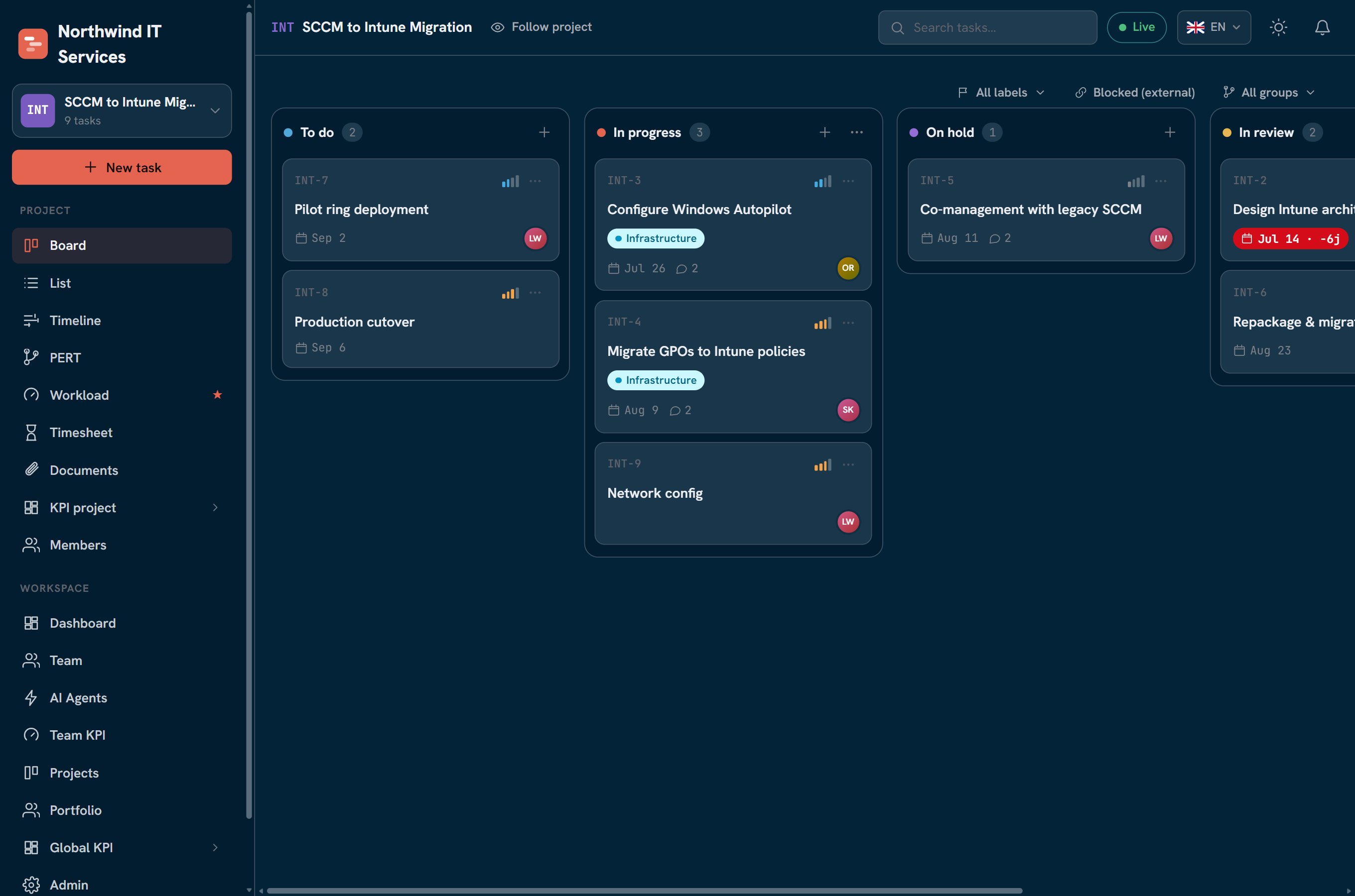 Project Kanban board with status columns and task cards
