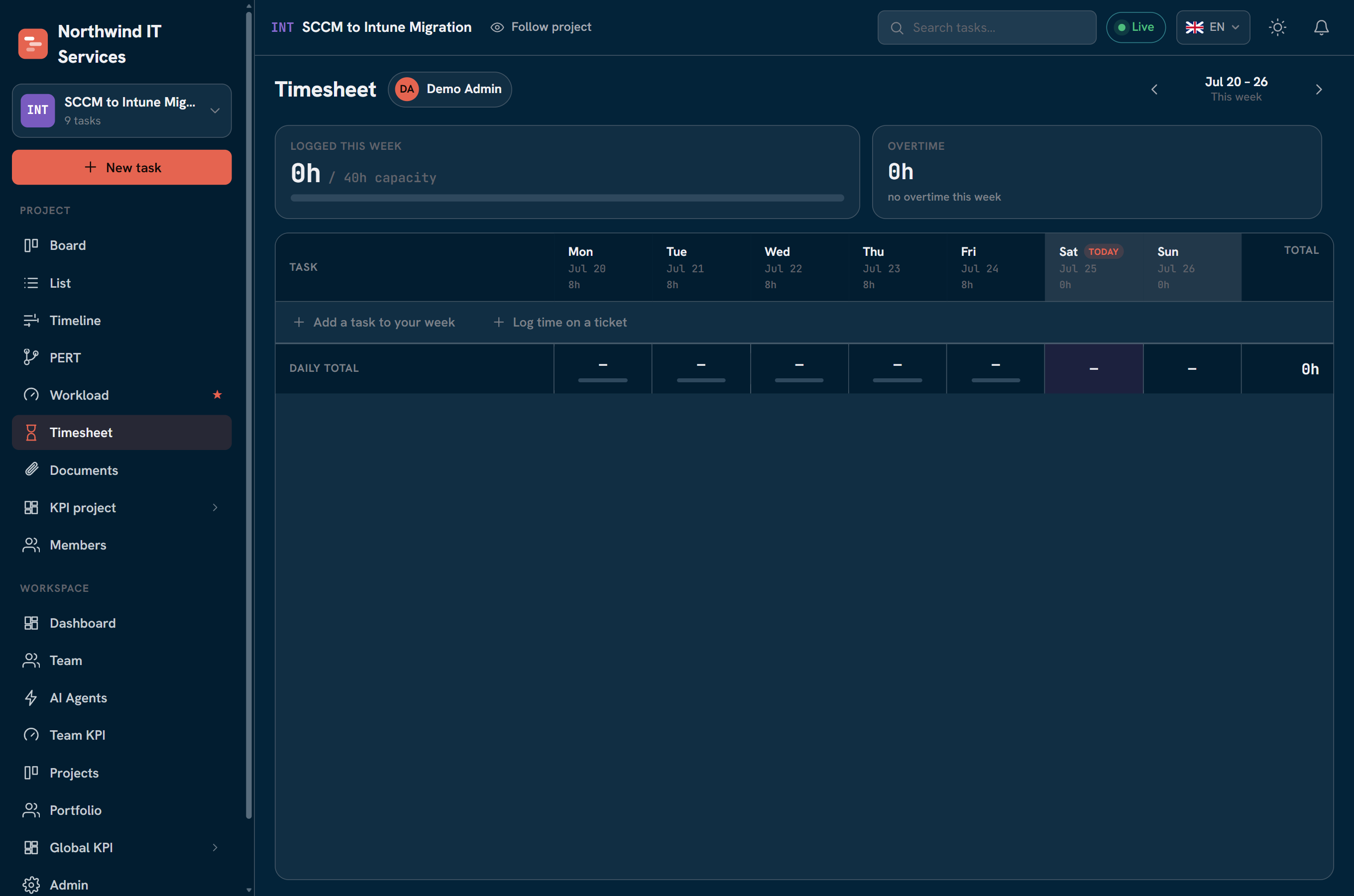 Personal weekly timesheet: editable tasks-by-day grid