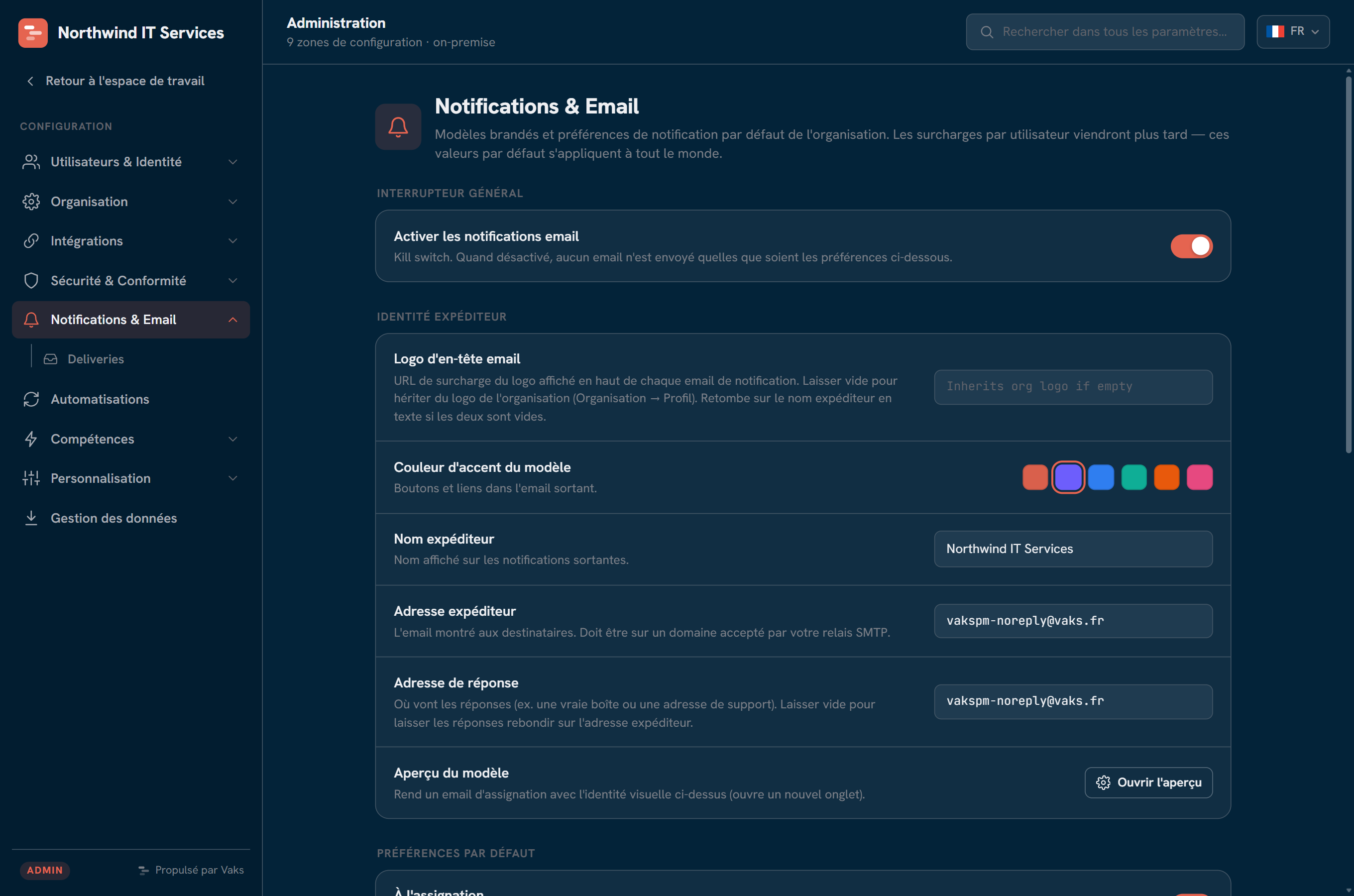 Admin : configuration des notifications par courriel