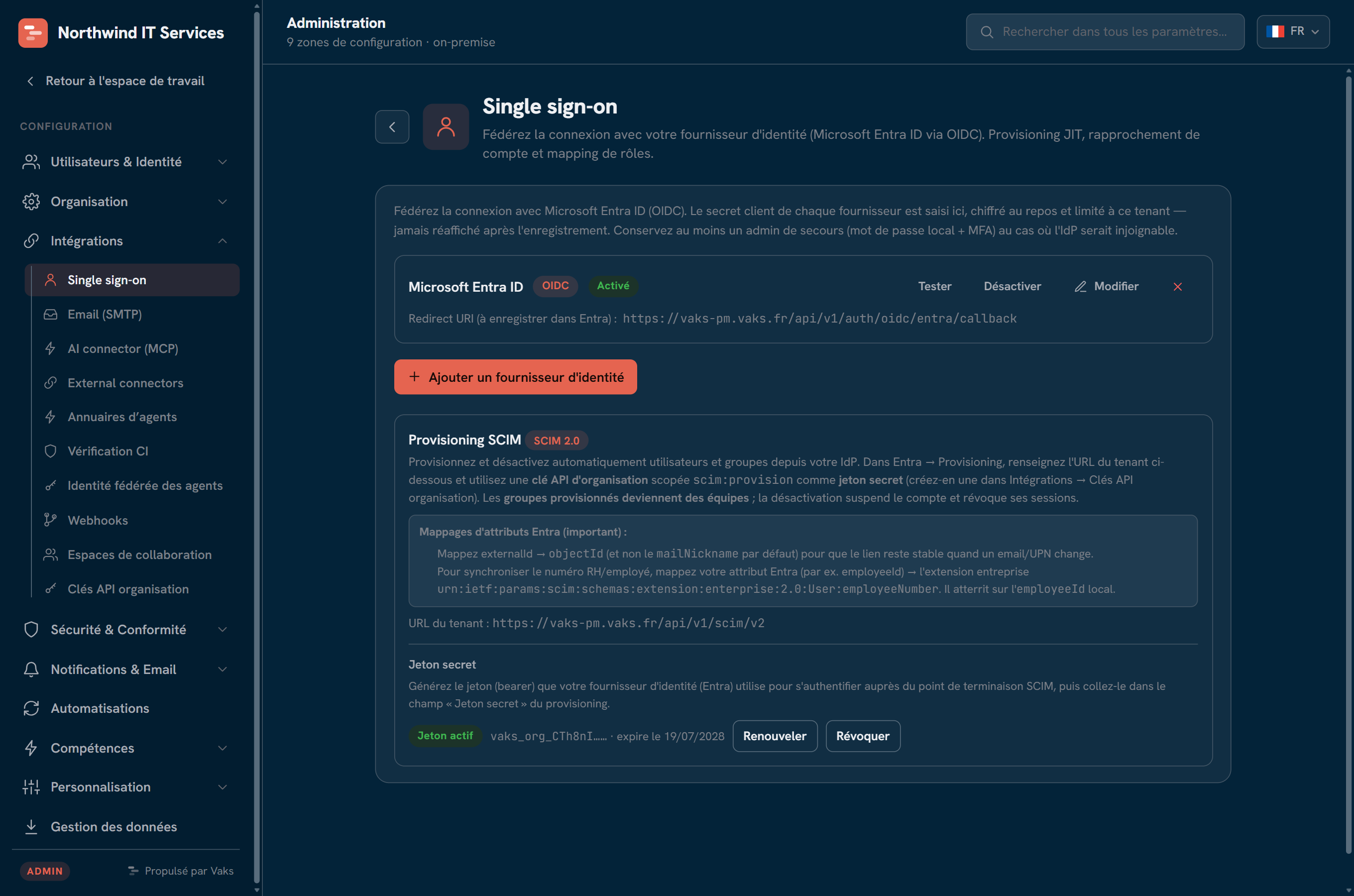 Admin : configuration Single sign-on (Entra ID OIDC) et provisionnement SCIM